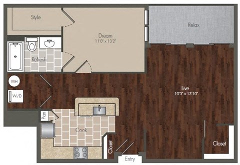 Floor plan for 1 bed, 1 bath, 884 sqft